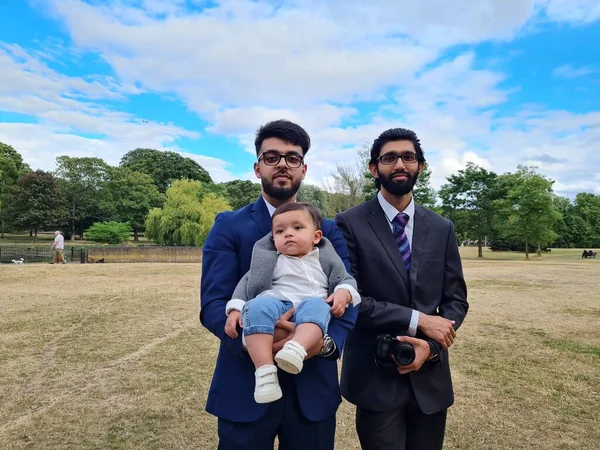Young Asian Males Walking Infant Baby Boy Local Public Park — Stockfoto