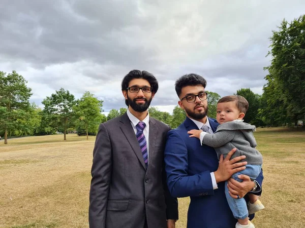 Young Asian Males Walking Infant Baby Boy Local Public Park — Stockfoto