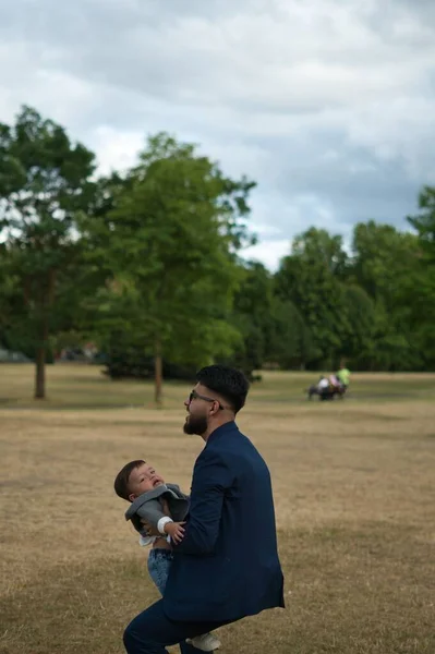 Asian Pakistani Father Holding His Months Old Infant Local Park — стокове фото