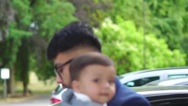 Asian Pakistani Father Holding His Months Old Infant Local Park — Stock Video