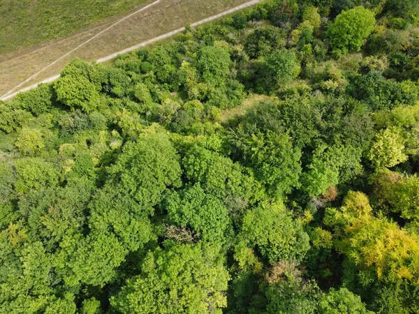 High Angle Aerial View British Roads Traffic Passing Village Countryside — стокове фото