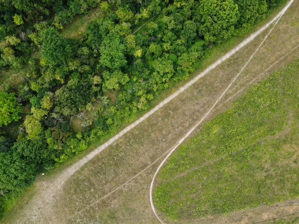 High Angle Aerial View British Roads Traffic Passing Village Countryside — стоковое фото