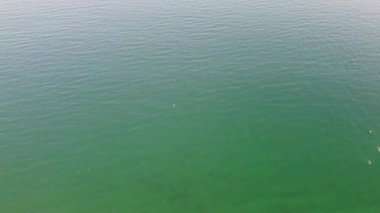 İnsanlar İngiltere 'nin Bournemouth kumlu plajında, güzel Britanya Deniz Manzarası ve Büyük Britanya' nın Temiz Okyanusu 'nda eğleniyor ve dinleniyorlar.