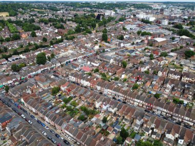 Beautiful Aerial View and High Angle footage of Central Luton City Centre and Bury Park Asian Pakistani Residential and markets at Luton City of England UK