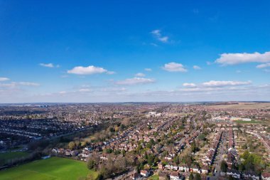 High Angle Drone's View of Luton City Center and Railway Station, Luton England. Luton is town and borough with unitary authority status, in the ceremonial county of Bedfordshire; 