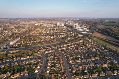 High Angle Drone's View of Luton City Center and Railway Station, Luton England. Luton is town and borough with unitary authority status, in the ceremonial county of Bedfordshire; 