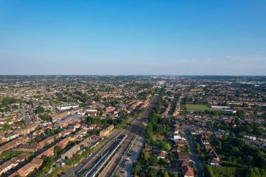 High Angle Drone's View of Luton City Center and Railway Station, Luton England. Luton is town and borough with unitary authority status, in the ceremonial county of Bedfordshire; 