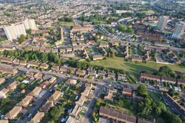 High Angle Drone's View of Luton City Center and Railway Station, Luton England. Luton is town and borough with unitary authority status, in the ceremonial county of Bedfordshire; 