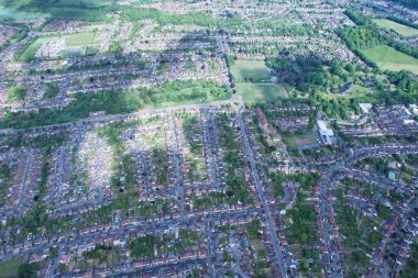 High Angle Drone's View of Luton City Center and Railway Station, Luton England. Luton is town and borough with unitary authority status, in the ceremonial county of Bedfordshire; 
