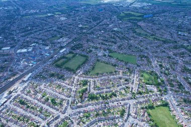 High Angle Drone's View of Luton City Center and Railway Station, Luton England. Luton is town and borough with unitary authority status, in the ceremonial county of Bedfordshire