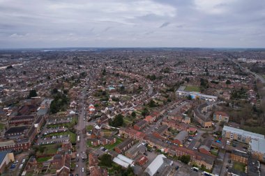 High Angle Drone's View of Luton City Center and Railway Station, Luton England. Luton is town and borough with unitary authority status, in the ceremonial county of Bedfordshire