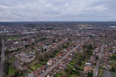 High Angle Drone's View of Luton City Center and Railway Station, Luton England. Luton is town and borough with unitary authority status, in the ceremonial county of Bedfordshire