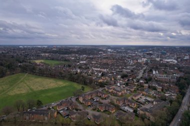 High Angle Drone's View of Luton City Center and Railway Station, Luton England. Luton is town and borough with unitary authority status, in the ceremonial county of Bedfordshire