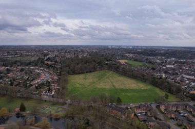 High Angle Drone's View of Luton City Center and Railway Station, Luton England. Luton is town and borough with unitary authority status, in the ceremonial county of Bedfordshire