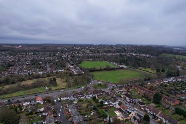 High Angle Drone's View of Luton City Center and Railway Station, Luton England. Luton is town and borough with unitary authority status, in the ceremonial county of Bedfordshire