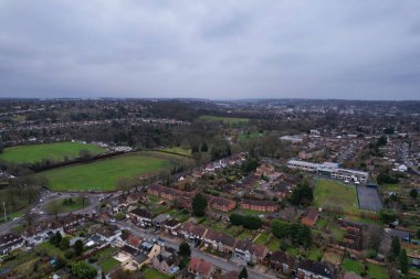 High Angle Drone's View of Luton City Center and Railway Station, Luton England. Luton is town and borough with unitary authority status, in the ceremonial county of Bedfordshire