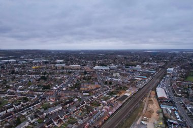High Angle Drone's View of Luton City Center and Railway Station, Luton England. Luton is town and borough with unitary authority status, in the ceremonial county of Bedfordshire