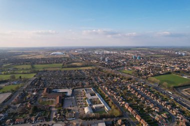 High Angle Drone's View of Luton City Center and Railway Station, Luton England. Luton is town and borough with unitary authority status, in the ceremonial county of Bedfordshire
