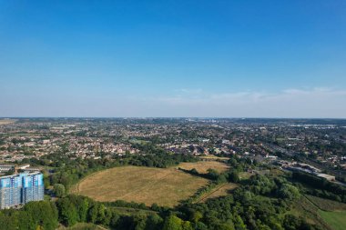 High Angle Drone's View of Luton City Center and Railway Station, Luton England. Luton is town and borough with unitary authority status, in the ceremonial county of Bedfordshire