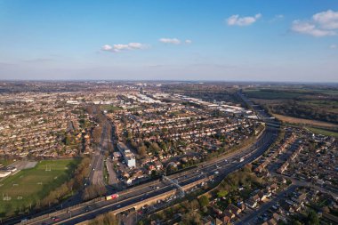 High Angle Drone's View of Luton City Center and Railway Station, Luton England. Luton is town and borough with unitary authority status, in the ceremonial county of Bedfordshire