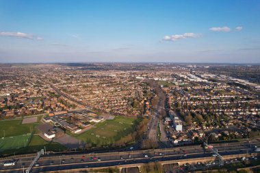 High Angle Drone's View of Luton City Center and Railway Station, Luton England. Luton is town and borough with unitary authority status, in the ceremonial county of Bedfordshire