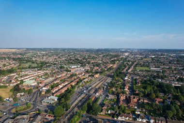 High Angle Drone's View of Luton City Center and Railway Station, Luton England. Luton is town and borough with unitary authority status, in the ceremonial county of Bedfordshire