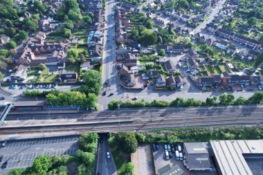 High Angle Drone's View of Luton City Center and Railway Station, Luton England. Luton is town and borough with unitary authority status, in the ceremonial county of Bedfordshire