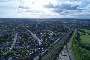 High Angle Drone's View of Luton City Center and Railway Station, Luton England. Luton is town and borough with unitary authority status, in the ceremonial county of Bedfordshire