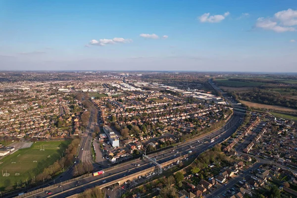 High Angle Drone's View of Luton City Center and Railway Station, Luton England. Luton is town and borough with unitary authority status, in the ceremonial county of Bedfordshire