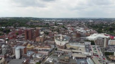 Aerial footage and high angle Train on Tracks at Central Luton Railway Station and City Centre of Luton Town of England UK