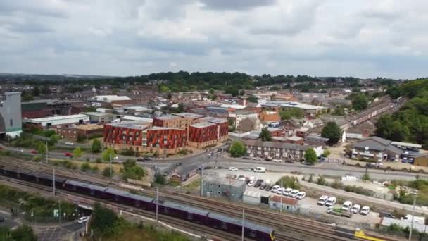 Aerial Footage High Angle Train Tracks Central Luton Railway Station — Video