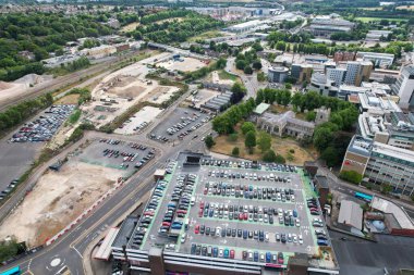Aerial View of City Centre and Buildings at Luton Town of England from Central Railway Station of UK, Drone's High Angle Editorial Footage.