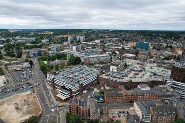 Aerial View of City Centre and Buildings at Luton Town of England from Central Railway Station of UK, Drone's High Angle Editorial Footage.