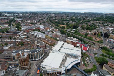 Aerial View of City Centre and Buildings at Luton Town of England from Central Railway Station of UK, Drone's High Angle Editorial Footage.