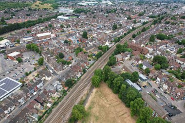 Aerial View of City Centre and Buildings at Luton Town of England from Central Railway Station of UK, Drone's High Angle Editorial Footage.
