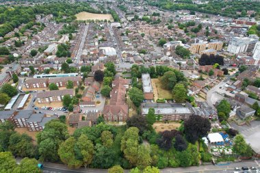 Aerial View of City Centre and Buildings at Luton Town of England from Central Railway Station of UK, Drone's High Angle Editorial Footage.