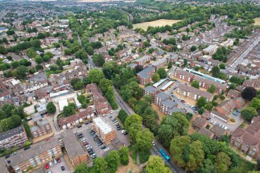 Aerial View of City Centre and Buildings at Luton Town of England from Central Railway Station of UK, Drone's High Angle Editorial Footage.