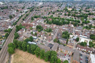 Aerial View of City Centre and Buildings at Luton Town of England from Central Railway Station of UK, Drone's High Angle Editorial Footage.