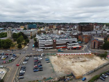 Aerial View of City Centre and Buildings at Luton Town of England from Central Railway Station of UK, Drone's High Angle Editorial Footage.