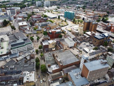 Aerial View of City Centre and Buildings at Luton Town of England from Central Railway Station of UK, Drone's High Angle Editorial Footage.