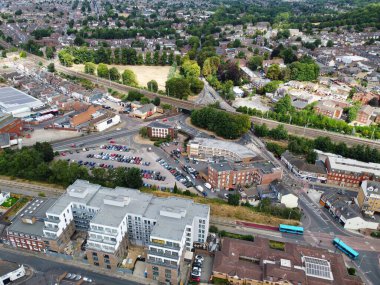 Aerial View of City Centre and Buildings at Luton Town of England from Central Railway Station of UK, Drone's High Angle Editorial Footage.