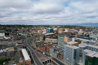 Aerial View of City Centre and Buildings at Luton Town of England from Central Railway Station of UK, Drone's High Angle Editorial Footage.