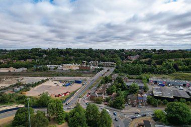 Aerial View of City Centre and Buildings at Luton Town of England from Central Railway Station of UK, Drone's High Angle Editorial Footage.