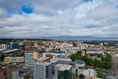 Aerial View of City Centre and Buildings at Luton Town of England from Central Railway Station of UK, Drone's High Angle Editorial Footage.