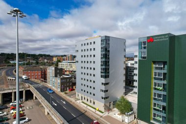 Aerial View of City Centre and Buildings at Luton Town of England from Central Railway Station of UK, Drone's High Angle Editorial Footage.