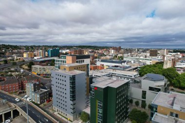 Aerial View of City Centre and Buildings at Luton Town of England from Central Railway Station of UK, Drone's High Angle Editorial Footage.