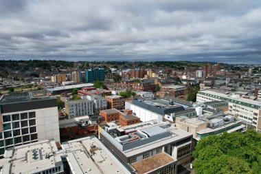 Aerial View of City Centre and Buildings at Luton Town of England from Central Railway Station of UK, Drone's High Angle Editorial Footage.