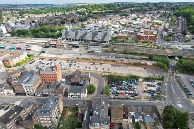 Aerial View of City Centre and Buildings at Luton Town of England from Central Railway Station of UK, Drone's High Angle Editorial Footage.