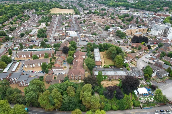 Aerial View of City Centre and Buildings at Luton Town of England from Central Railway Station of UK, Drone's High Angle Editorial Footage.