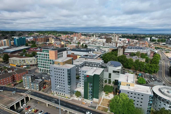 Aerial View of City Centre and Buildings at Luton Town of England from Central Railway Station of UK, Drone's High Angle Editorial Footage.